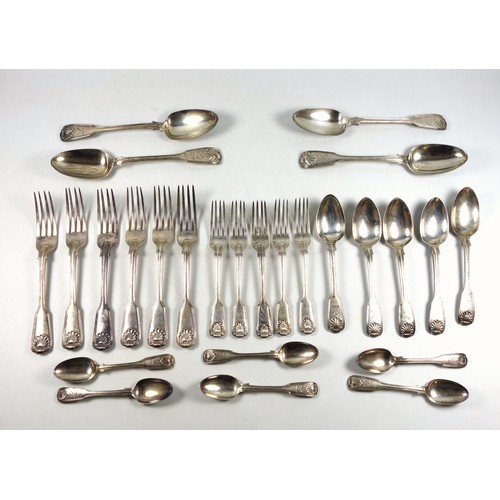 14 - Matched part suite of Victorian silver Fiddle, Thread, and Shell pattern flatware, comprising 6 tabl... 