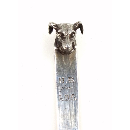 24 - George V novelty silver dog's head letter opener, possibly a greyhound, with presentation inscriptio... 