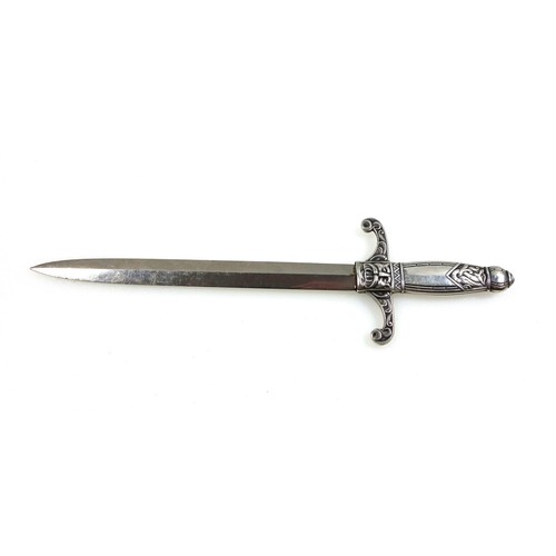 25 - Scandinavian 830 standard silver handled Viking sword letter opener, with Norse Celtic designs, stam... 