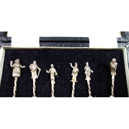 28 - Set of 6 novelty silver cocktail sticks, each with with a twisted stem and finial in the form of a c... 