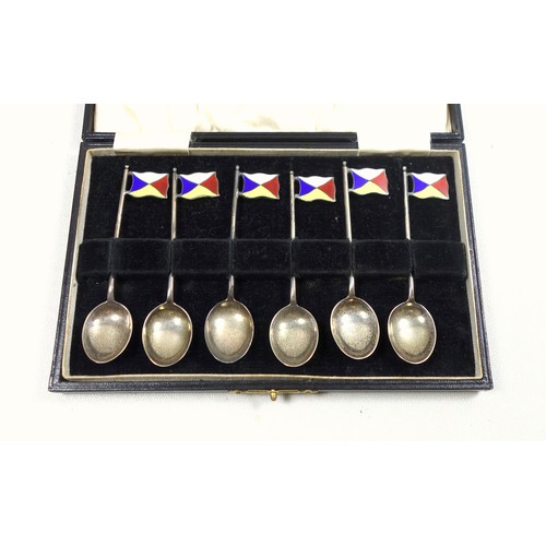 35 - Set of 6 George V silver and enamel coffee spoons with nautical flags, by Barker Brothers Silver Ltd... 