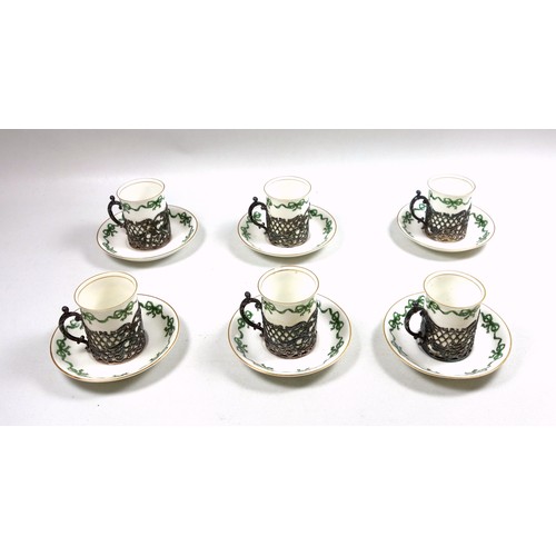 38 - Set of 6 silver mounted Crescent bone china coffee cans by J D & S, Sheffield, 1909, and 6 saucers, ... 