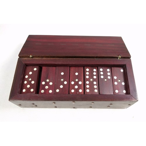 45 - Set of 28 silver inlaid full size hardwood dominoes, in a Mexican hardwood and silver inlaid box, wi... 