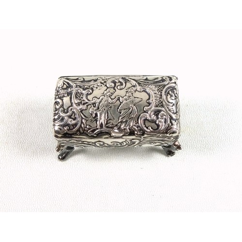 49 - Novelty silver table top pinch or pill box in the form of a piano stool with all over rococo decorat... 