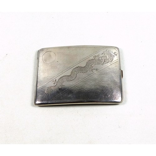 51 - Chinese silver curved cigarette case, with engraved dragon decoration and vacant cartouche, by Lee Y... 