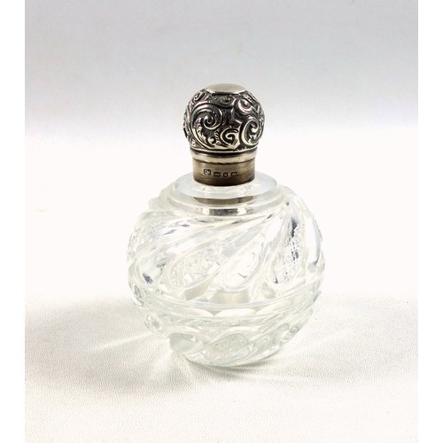 54 - Victorian silver topped cut glass swirl pattern perfume bottle, Birmingham, 1892, H.10cm