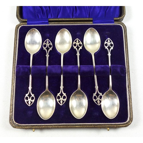 60 - Set of 6 George V silver coffee spoons, each with a pierced finial, by D & B, Birmingham, 1925, 57gr... 