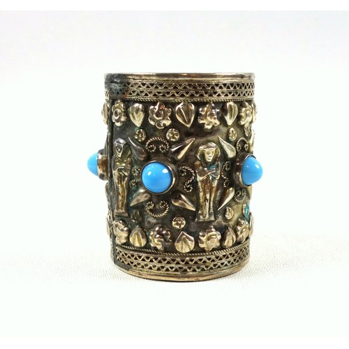 65 - Egyptian silver beaker with 5 turquoise cabochons and mummies in relief, 800 standard, H.6cm, 75grs;... 