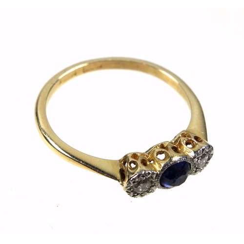 75 - 18ct gold and platinum ring c. 1920's, size M, with a 4mm old cut Indian sapphire offset at sides by... 