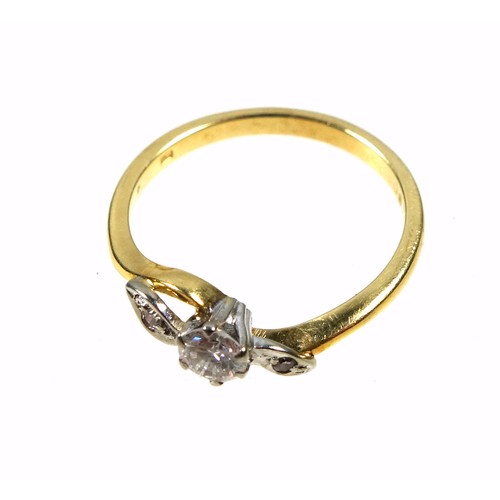 76 - 18 ct gold ring, size M 1/2, 'wave' shoulders set two small diamonds around a  brilliant cut diamond... 