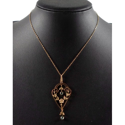 93 - Edwardian 9ct gold floral pendant necklace set seed pearls and aquamarines, gross 4.6 grams.