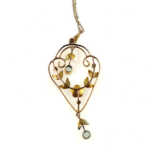 93 - Edwardian 9ct gold floral pendant necklace set seed pearls and aquamarines, gross 4.6 grams.