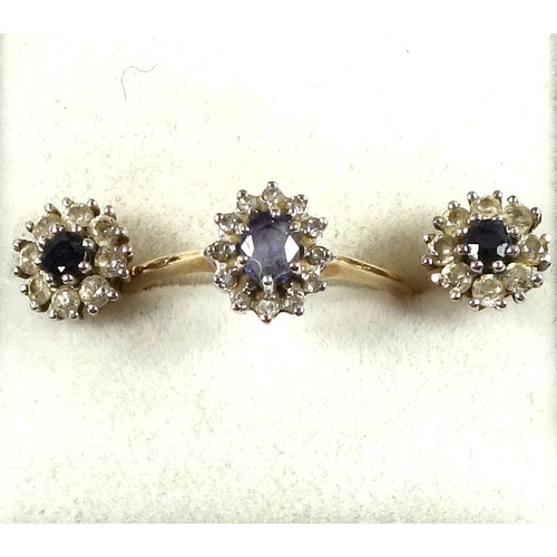 100 - 9ct gold diamond and blue stone ring, size P, and a pair of 9ct sapphire and white stone cluster ear... 