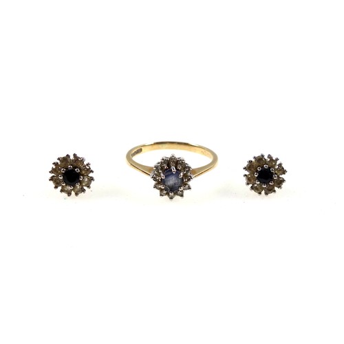100 - 9ct gold diamond and blue stone ring, size P, and a pair of 9ct sapphire and white stone cluster ear... 
