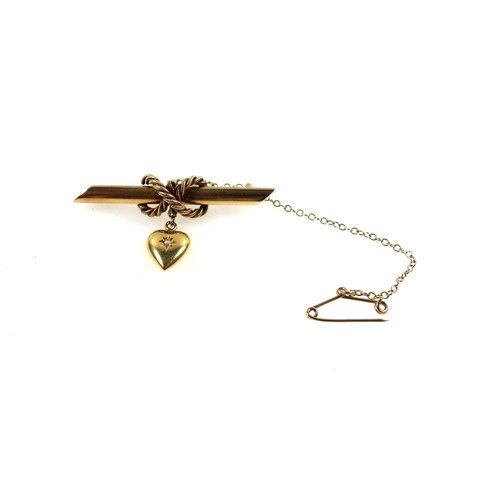 101 - 15ct gold bar brooch, with rope twist design and small heart shaped pendant set seed pearl, 3.7 gram... 