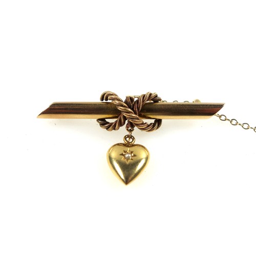 101 - 15ct gold bar brooch, with rope twist design and small heart shaped pendant set seed pearl, 3.7 gram... 