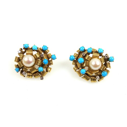 102 - Pair of yellow metal floral design clip-on earrings, each set with cabochon turquoise, and brilliant... 