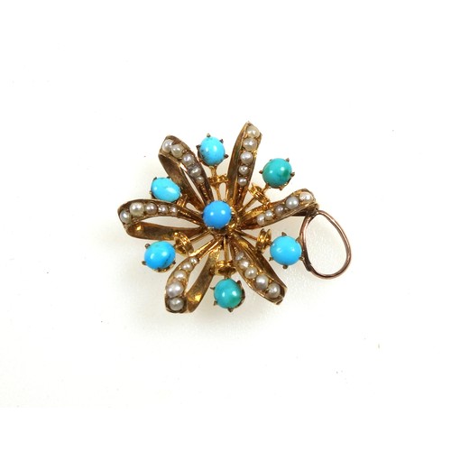 103 - Late Victorian 9ct gold floral pendant set cabochon turquoise and seed pearls, Dia.16cm, adapting to... 