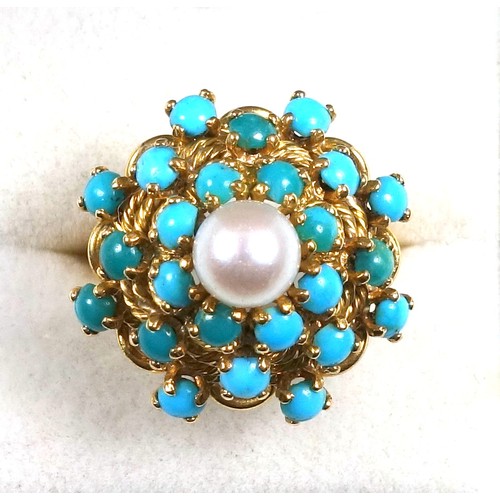 104 - Yellow metal ring domed set cabochon turquoise and cultured pearl, 11.6grs, and a 9ct floral ring se... 