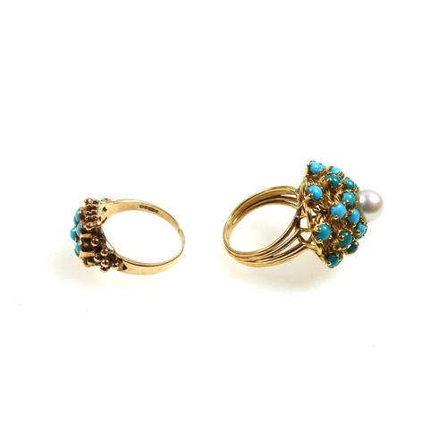 104 - Yellow metal ring domed set cabochon turquoise and cultured pearl, 11.6grs, and a 9ct floral ring se... 