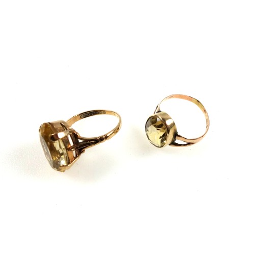 106 - 9ct gold ring set faceted oval citrine, Chester, 1914, and a larger 9ct ring set citrine, by C P S, ... 