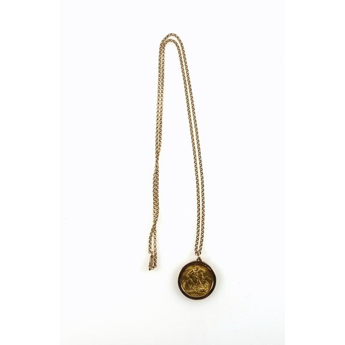 109 - Queen Victoria Sovereign, dated 1887, in a 9ct gold pendant mount on a 9ct gold belcher link necklac... 