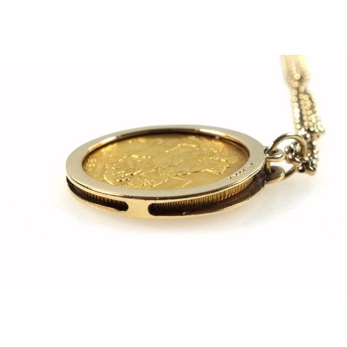 109 - Queen Victoria Sovereign, dated 1887, in a 9ct gold pendant mount on a 9ct gold belcher link necklac... 