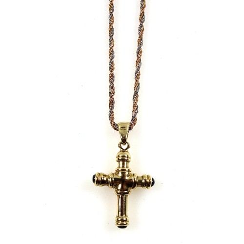 112 - 9ct gold and blue stone cross pendant on a three colour gold rope twist necklace (bolt ring clasp br... 