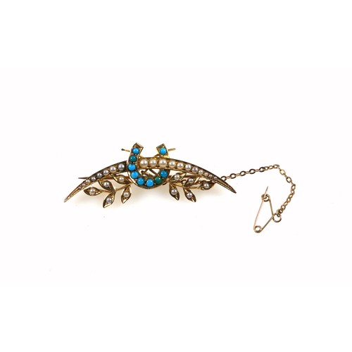 116 - 18ct gold crescent and horseshoe foliate brooch, set seed pearls and turquoises, length 5.5cm, gross... 