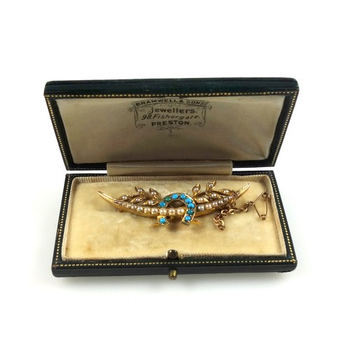 116 - 18ct gold crescent and horseshoe foliate brooch, set seed pearls and turquoises, length 5.5cm, gross... 