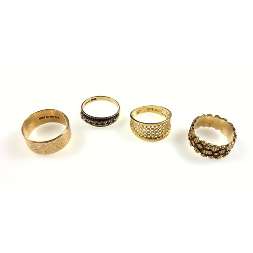 164 - 9ct gold ring set seven diamonds, ring size O, gross 2.4 grams and three other 9ct gold rings, 11.9 ... 