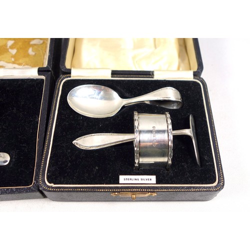 58 - George VI silver 3 piece christening set comprising napkin ring, spoon, and food pusher, by A P & Co... 