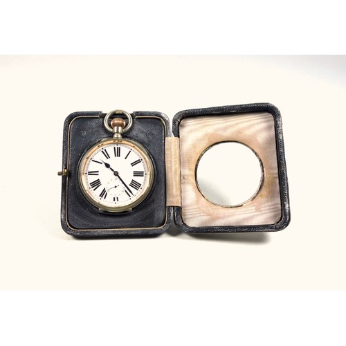 59 - Nickel goliath pocket watch, Dia.65mm, in a hammered silver mounted stand, by L E, Birmingham, 1901,... 