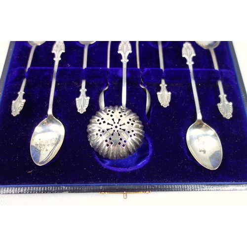 67 - Edwardian set of 6 silver coffee spoons, with sifter and tongs, by A J B, Birmingham, 1904, 51grs, c... 