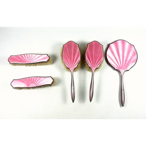 97 - Art Deco silver pink guilloche brush and hand mirror desk set by Adie Brothers, hallmarked Birmingha... 