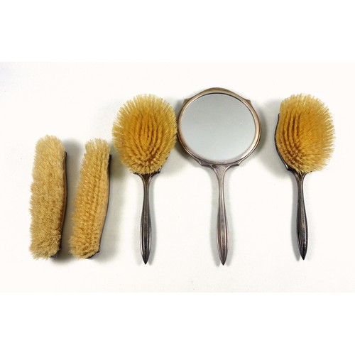 97 - Art Deco silver pink guilloche brush and hand mirror desk set by Adie Brothers, hallmarked Birmingha... 