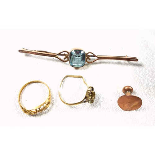 112 - 18ct gold ring set 5 diamonds, 1.8grs; 9ct bar brooch set aquamarine, 9ct stud, and a French ring, 6... 