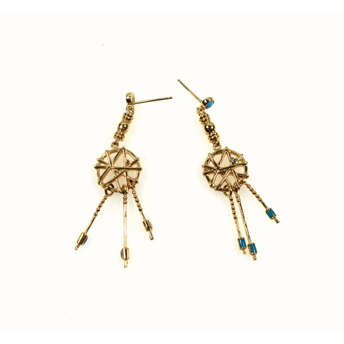 124 - Pair of yellow metal earrings stamped 14K, set turquoises and diamond, 5.3 grams