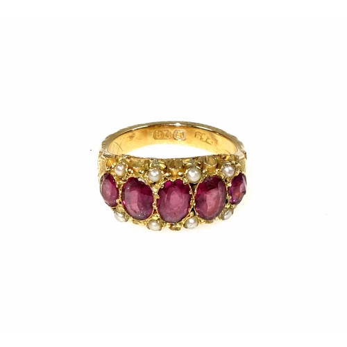 144 - Victorian 18ct gold ring set five oval facet cut rubies and eight seed pearls, size G, 3.4 grams. Co... 