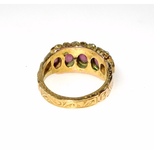 144 - Victorian 18ct gold ring set five oval facet cut rubies and eight seed pearls, size G, 3.4 grams. Co... 