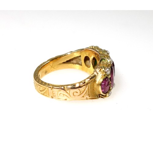 144 - Victorian 18ct gold ring set five oval facet cut rubies and eight seed pearls, size G, 3.4 grams. Co... 