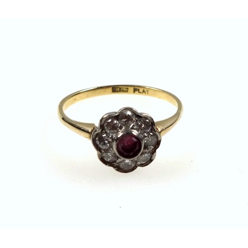 146 - 18ct gold, platinum, diamond and ruby set cluster ring, size N 1/2, 0.5 carat approx., 2.3 grams