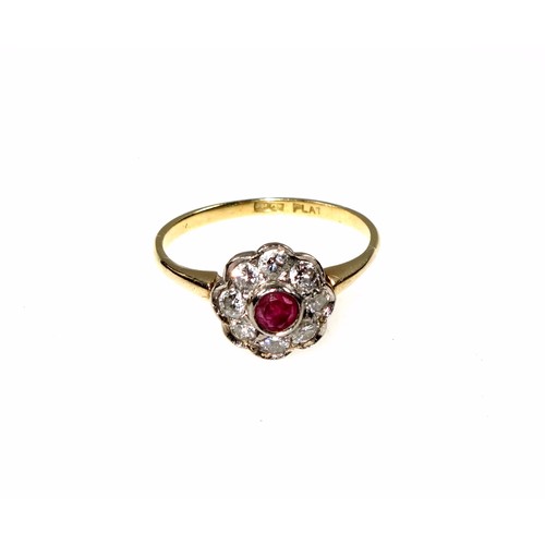 146 - 18ct gold, platinum, diamond and ruby set cluster ring, size N 1/2, 0.5 carat approx., 2.3 grams