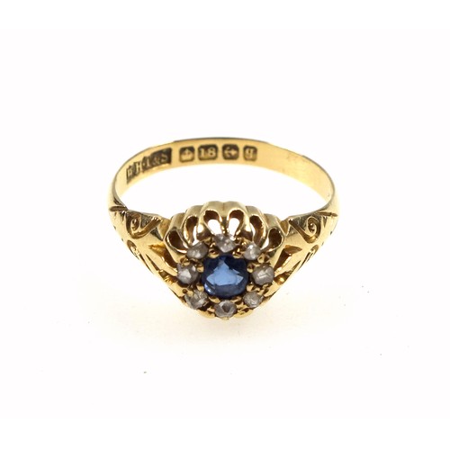 147 - Edwardian 18ct gold, sapphire and rose cut diamond ring, size O 1/2, 2.9 grams