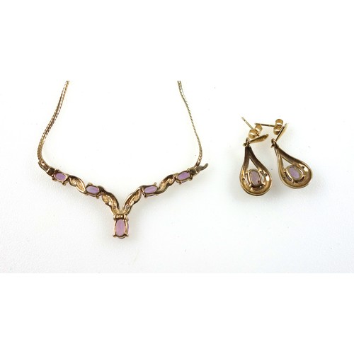 152 - 9ct gold, diamond and amethyst V-shaped necklace with pendant earrings ensuite, gross 6.1 grams (3)