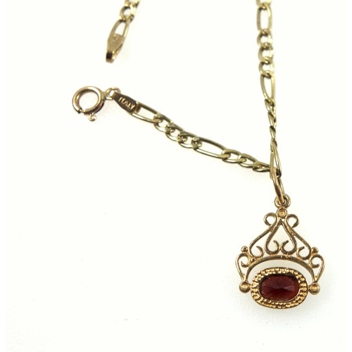 162 - Italian yellow metal figaro bracelet, with miniature garnet seal fob charm, length 18cm approx., 1.4... 