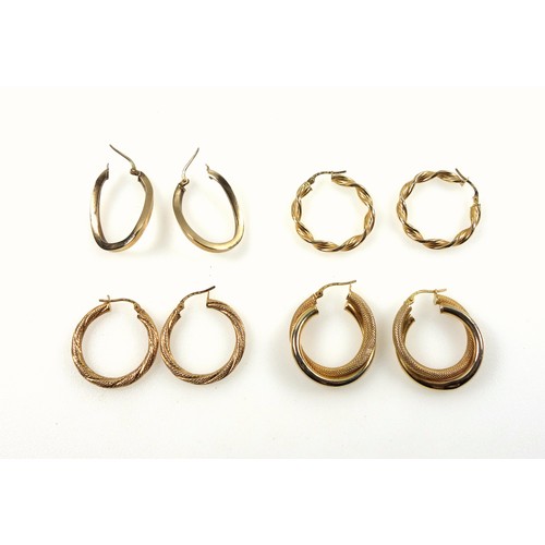 166 - Three pairs of 9ct gold hoop earrings, and another similar pair stamped 375, 8.0 grams (4)