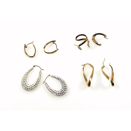 167 - Three pairs of yellow metal hoop earrings, stamped 375, 4.7 grams, and another pair of hoop earrings... 