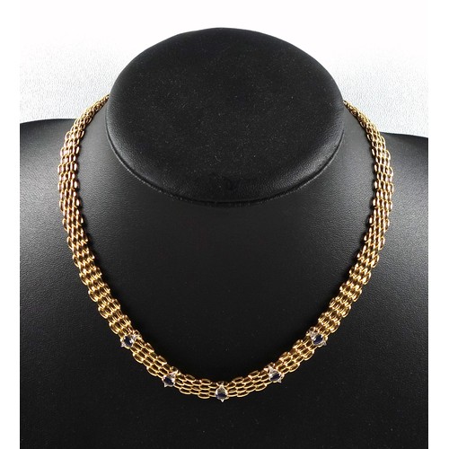 170 - 18ct yellow gold mesh necklace with five applied white gold lozenges, set cabochon sapphires and dia... 