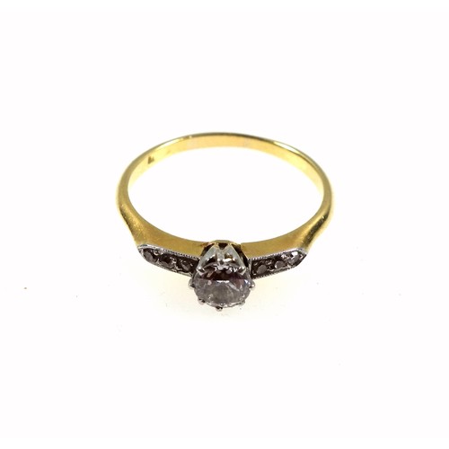 174 - Yellow metal and diamond ring, size O, centre diamond 0.5 carat approx., shoulders set brilliants, 2... 